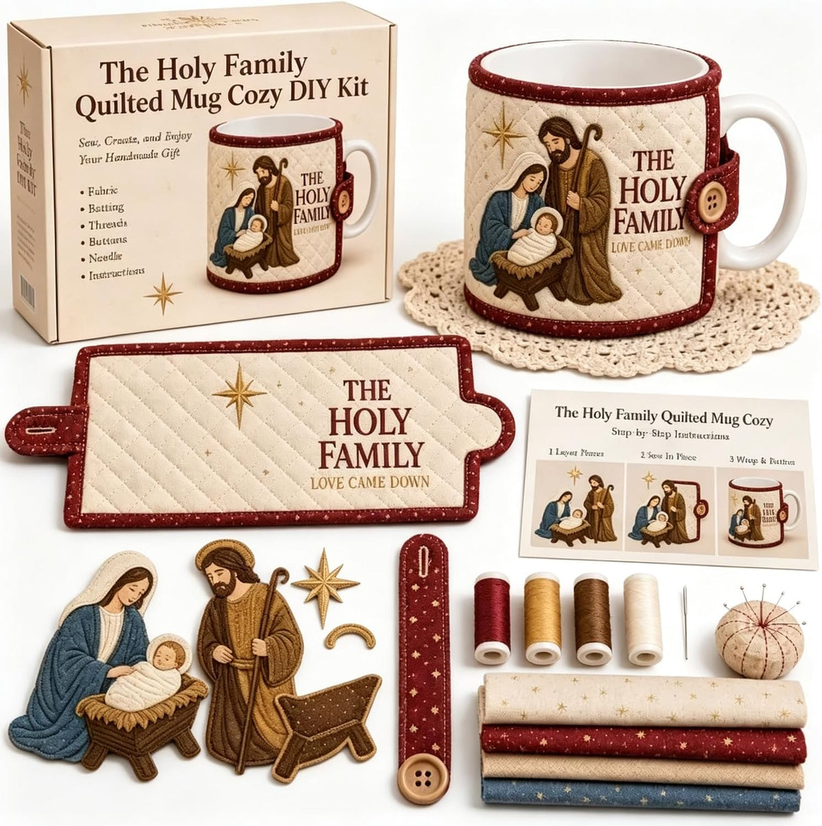 Christian Quilted Mug Cozy DIY Kit – Faith-Inspired Christmas Sewing Gift