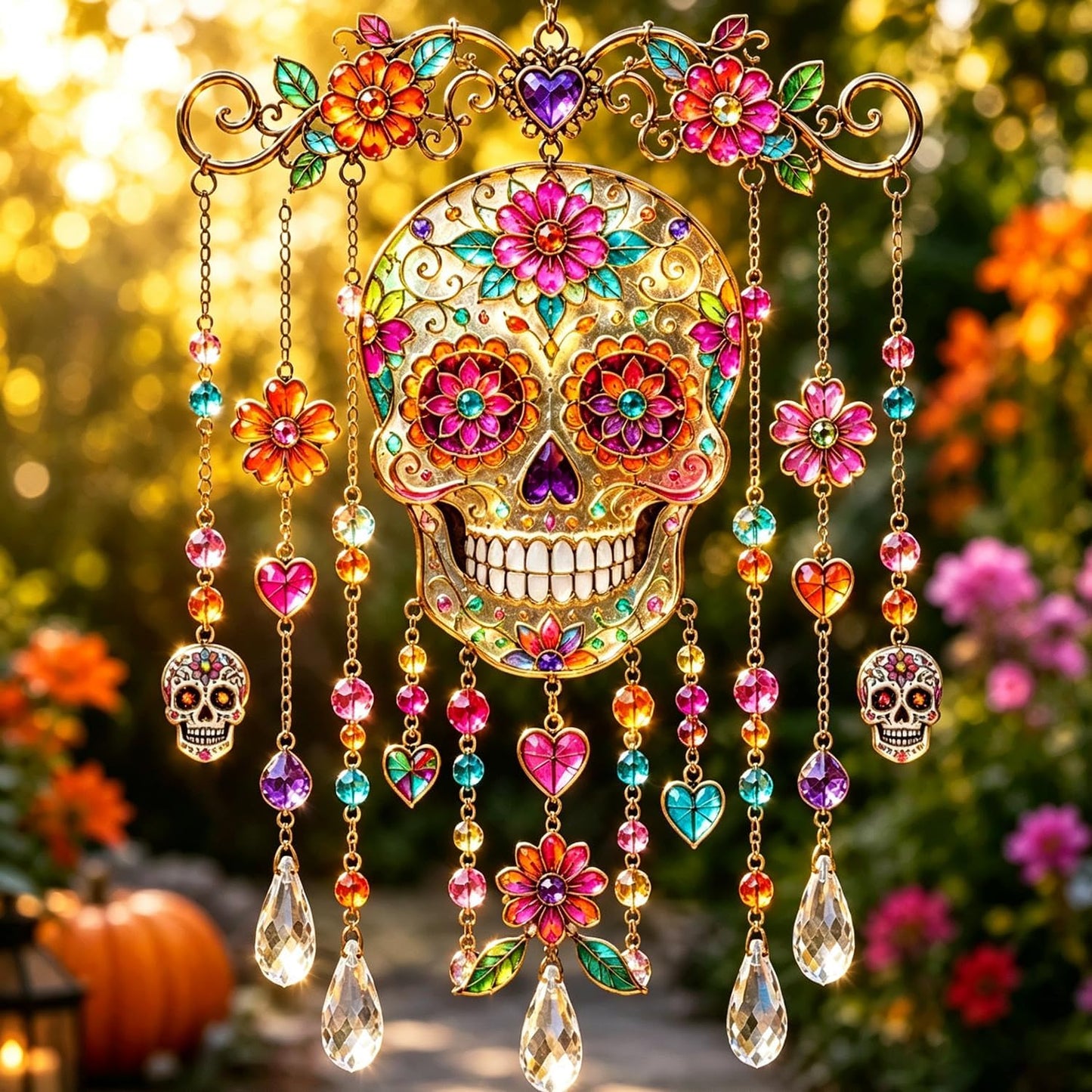 Halloween Crystal Wind Chime – Spooky Ghost, Pumpkin & Moon Hanging Decor for Porch, Garden & Window