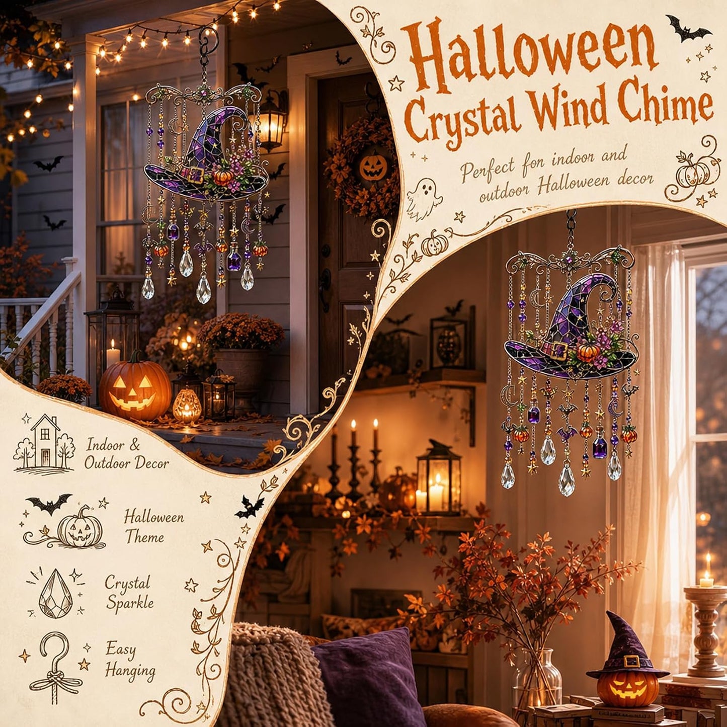 Halloween Crystal Wind Chime – Spooky Ghost, Pumpkin & Moon Hanging Decor for Porch, Garden & Window