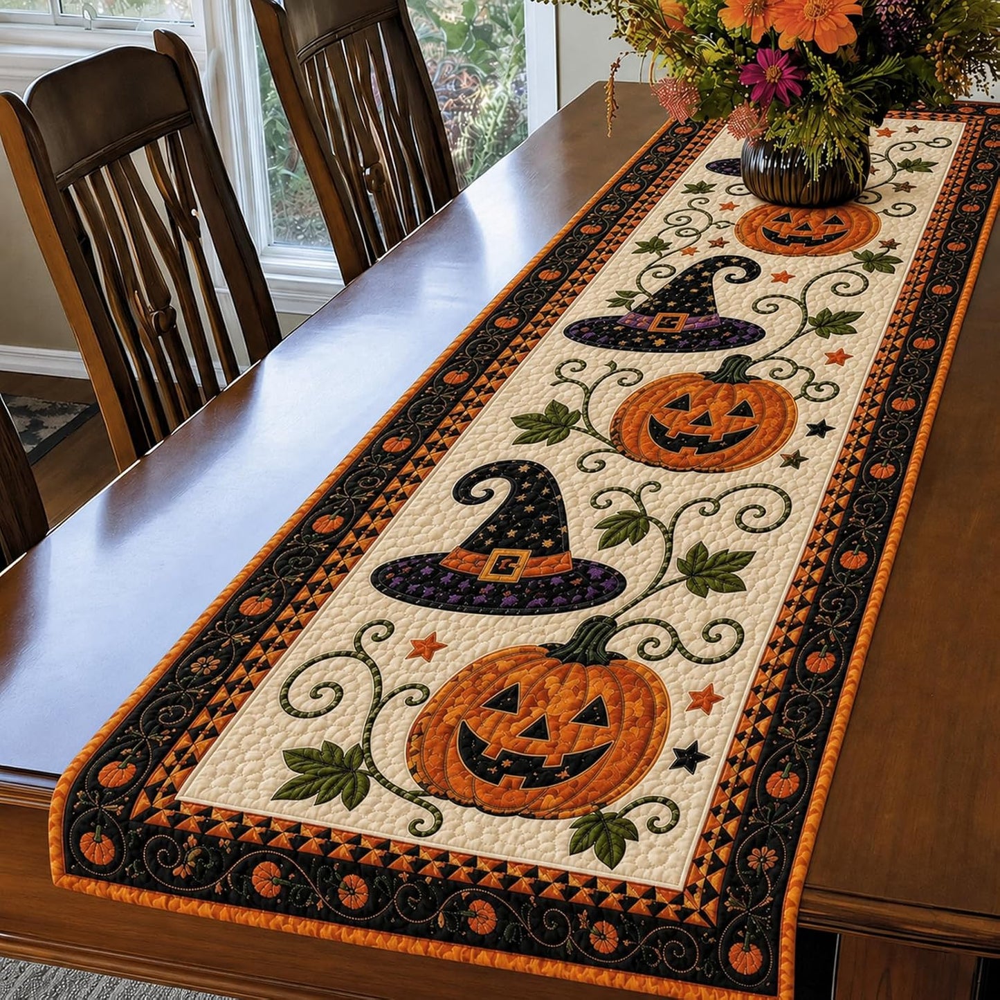 Reusable Autumn Pumpkin Quilted Table Runner – Farmhouse-Style Fall and Thanksgiving Table Decor