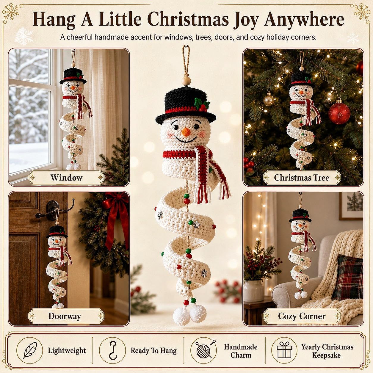 DIY Crochet Spiral Christmas Ornament Kit – 4 Beginner-Friendly Santa, Tree, Elf & Snowman Decorations