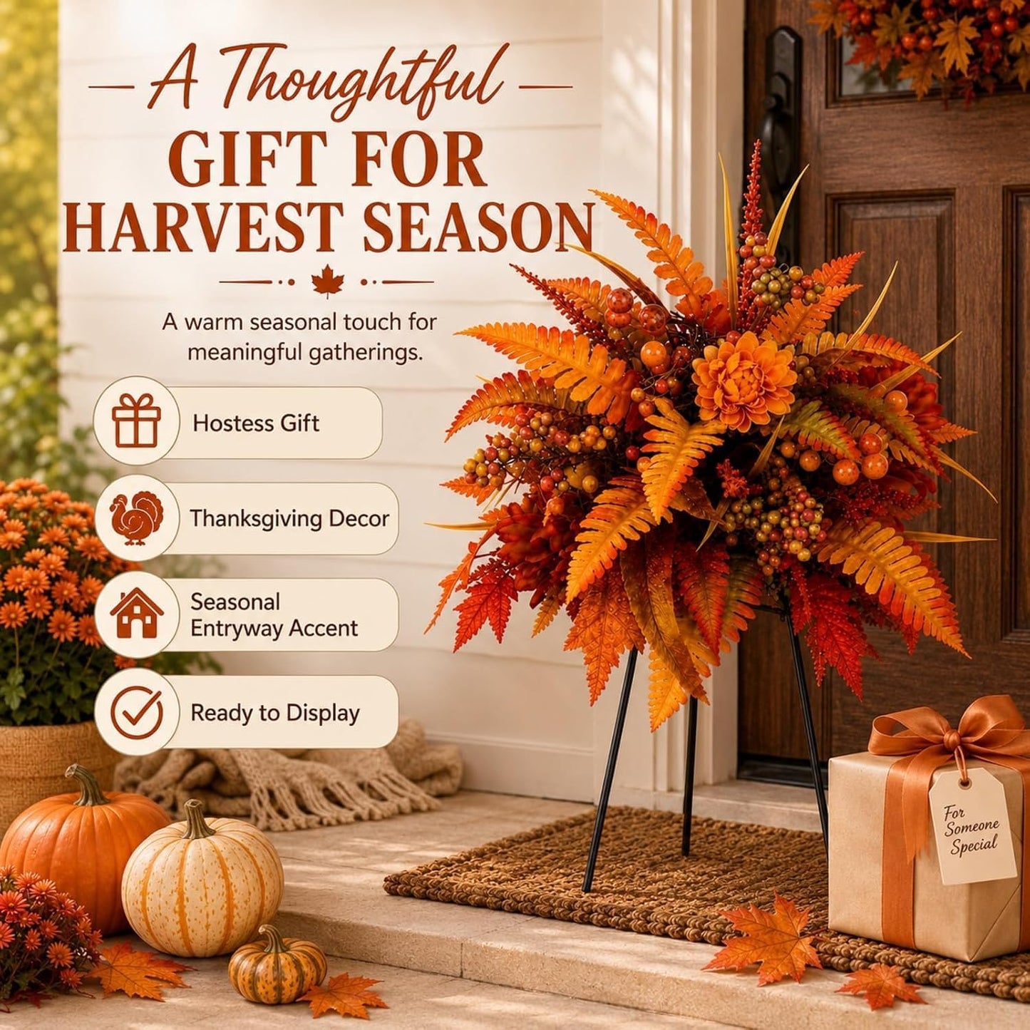 Autumn Thanksgiving Floral Wreath – Artificial Fall Harvest Wreath for Front Door, Porch & Thanksgiving Decor