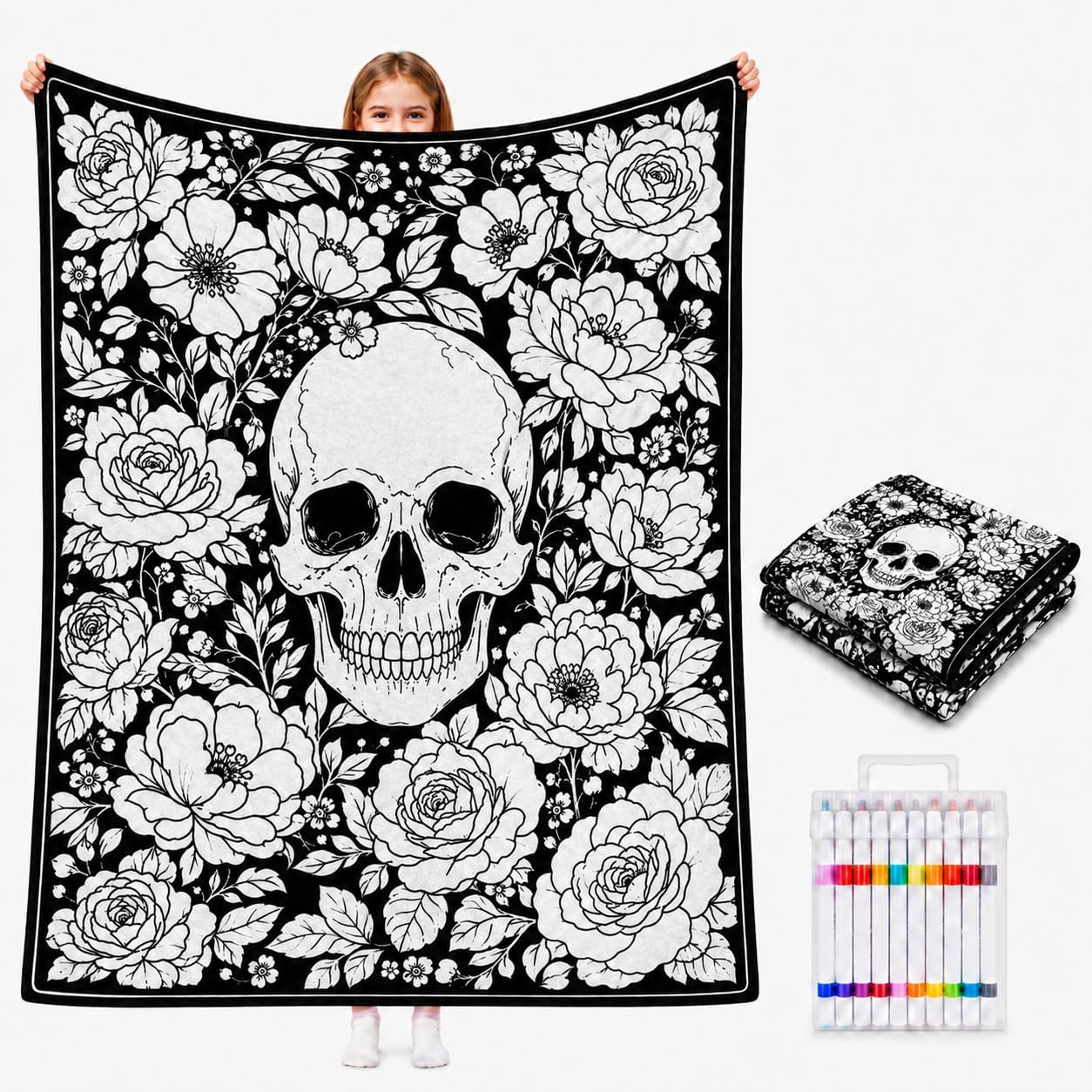 DIY Halloween Coloring Blanket with 24 Markers – Washable Creative Activity for Kids & Adults