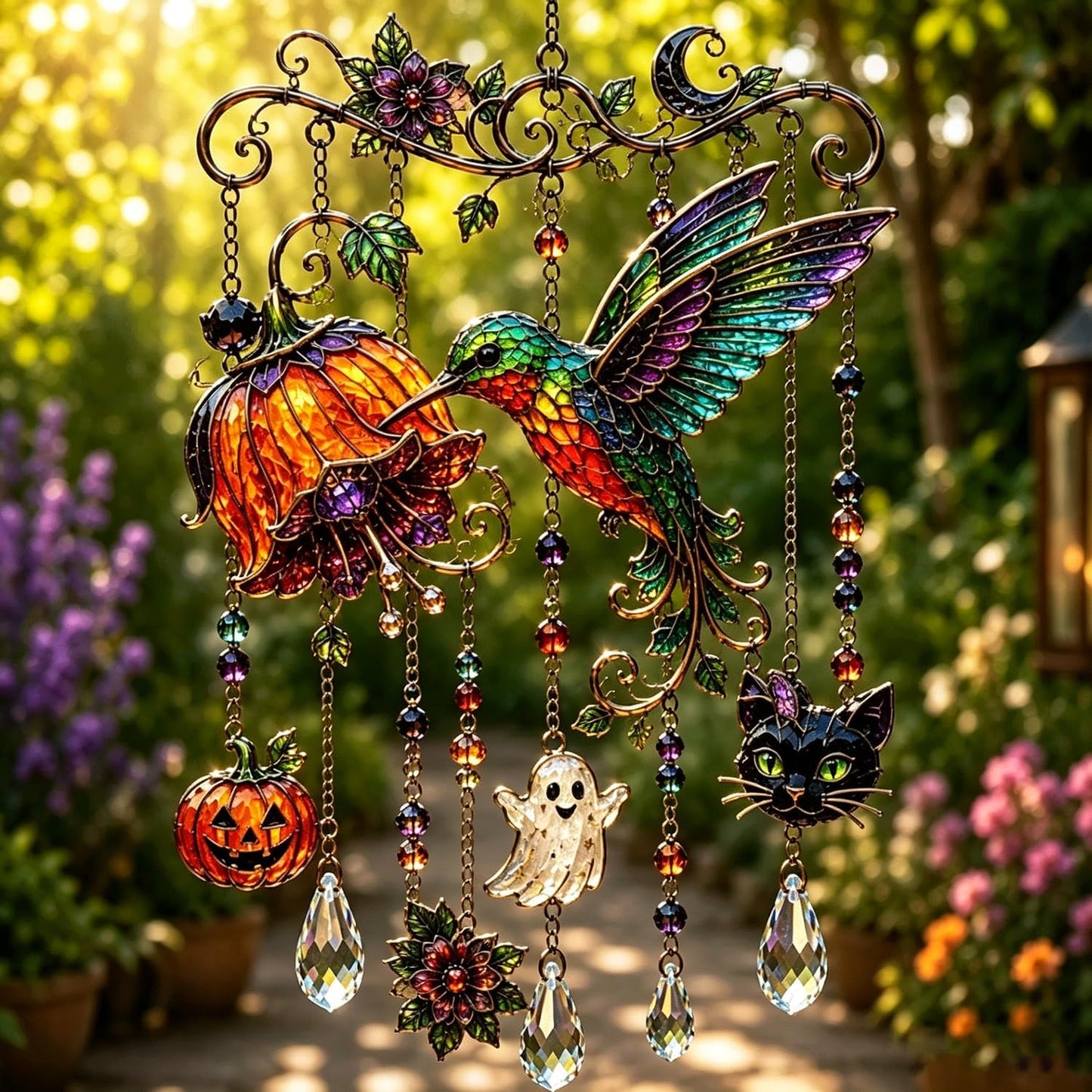 Halloween Crystal Wind Chime – Spooky Ghost, Pumpkin & Moon Hanging Decor for Porch, Garden & Window