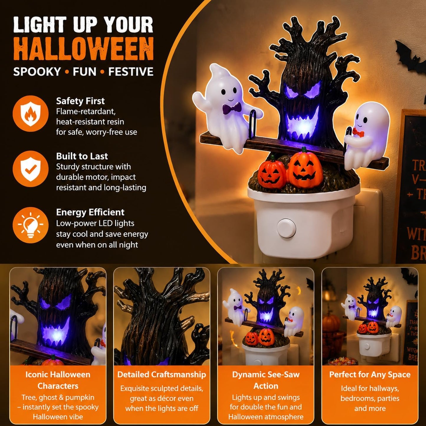 Animated Ghost Seesaw Halloween Plug-In Night Light