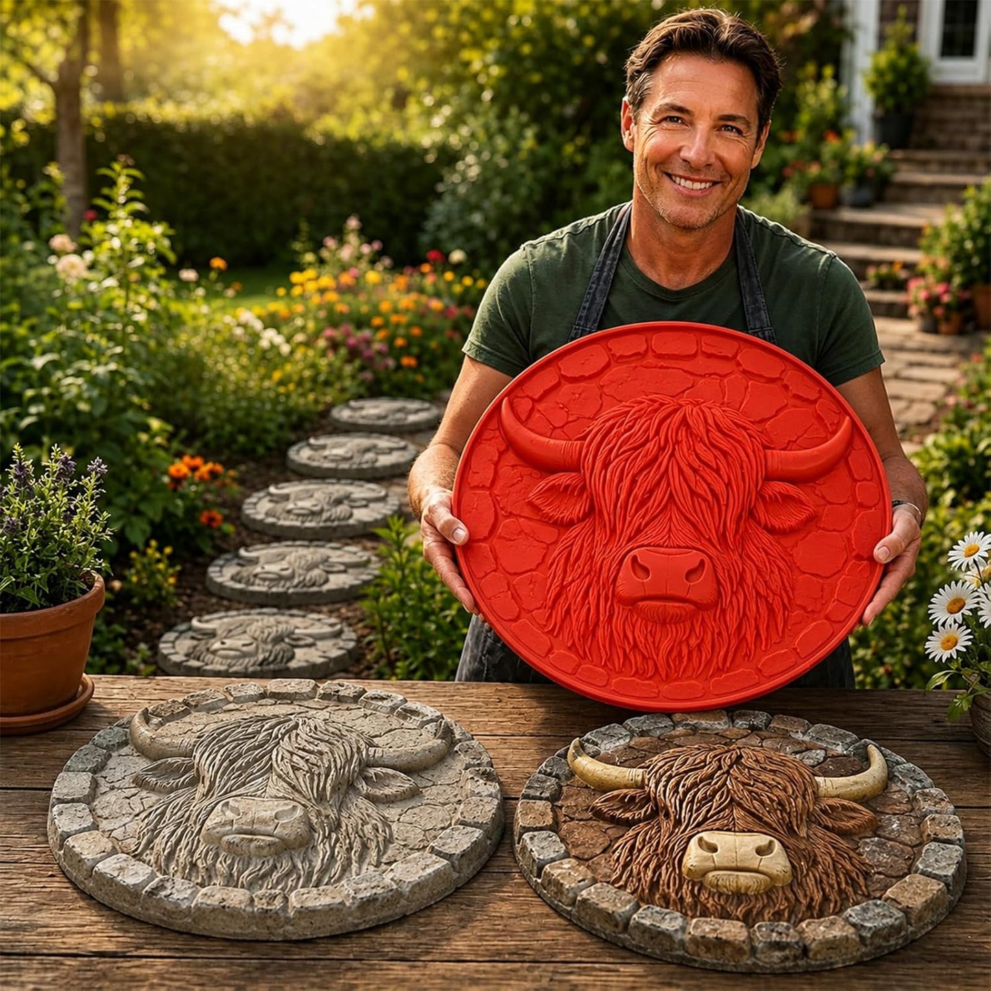 Reusable Round Halloween Stepping Stone Silicone Mold – DIY Garden Decor Featuring Witch's Cat, Skull, Pumpkin, and Ghost Designs