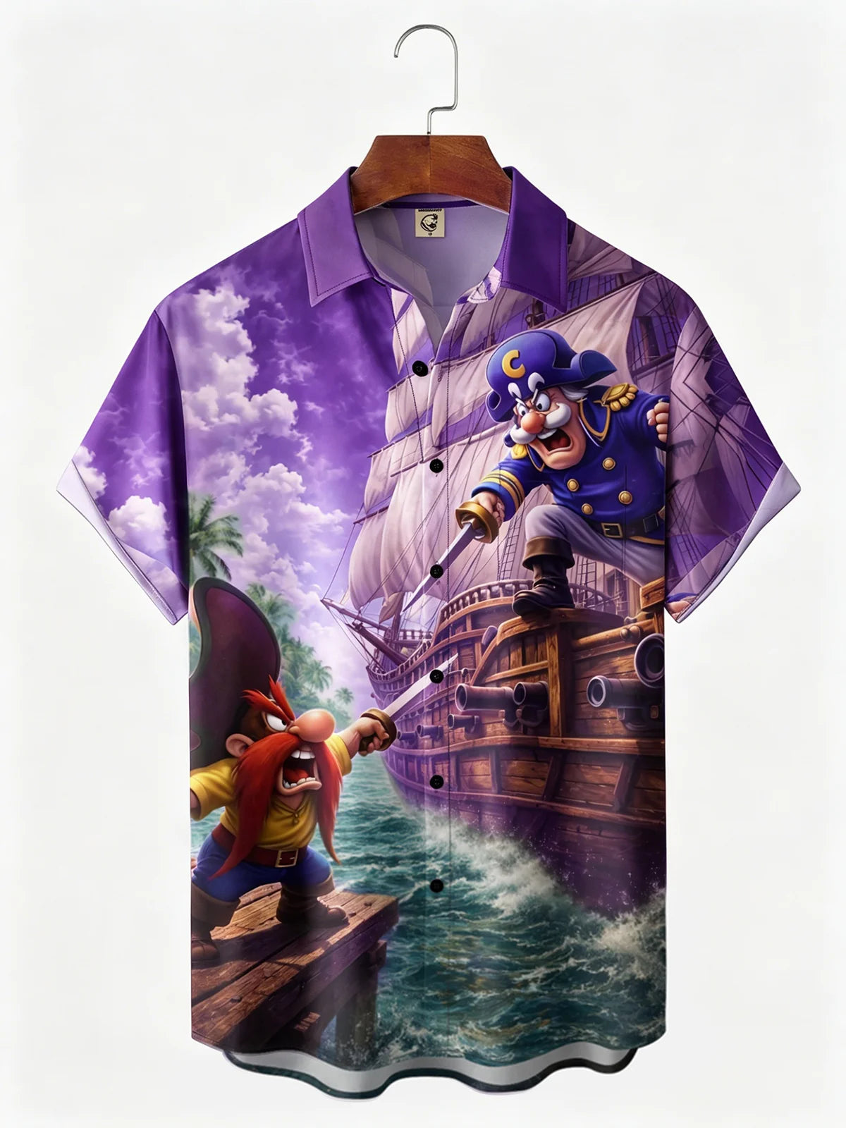 Moisture-Wicking Gradient-Color Dueling Pirates & Sailboats Design  Chest Pocket Hawaiian Shirt