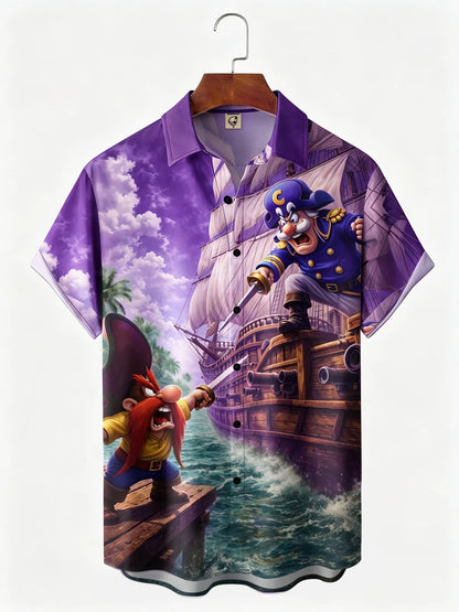 Moisture-Wicking Gradient-Color Dueling Pirates & Sailboats Design  Chest Pocket Hawaiian Shirt