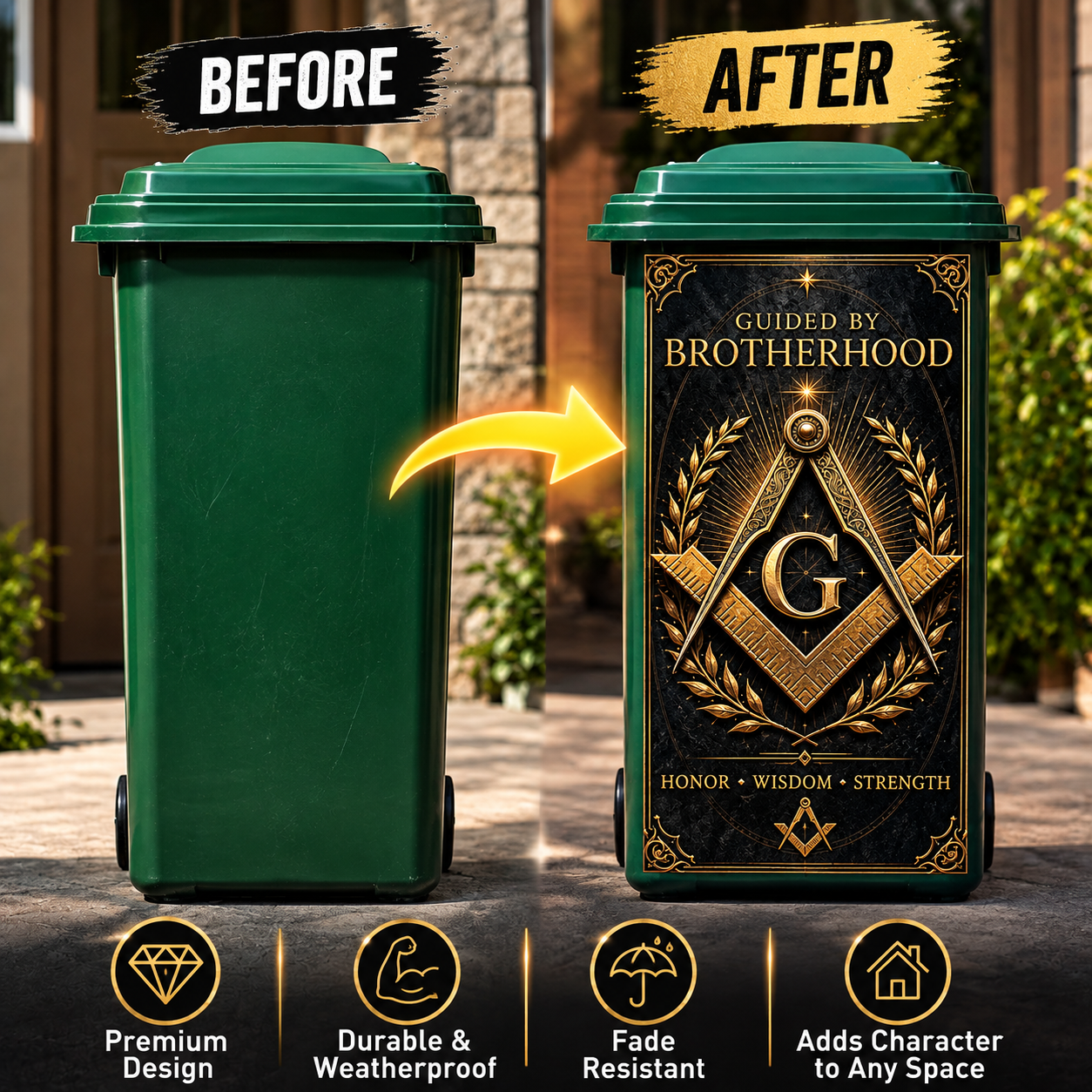 Masonic Trash Bin Decal - Freemason Brotherhood Outdoor Garbage Can Decor