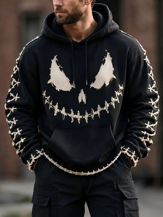 Halloween Stitched Pumpkin Face Cross‑Stitch Gothic Kangaroo-Pocket Hoodie Sweatshirt