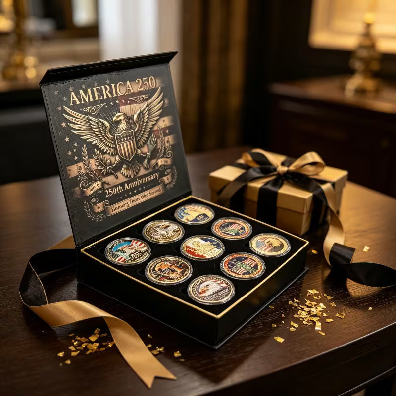 America 250 Commemorative Coin Set With Gift Box - 9PCS 250th Anniversary Patriotic Collectible Coins