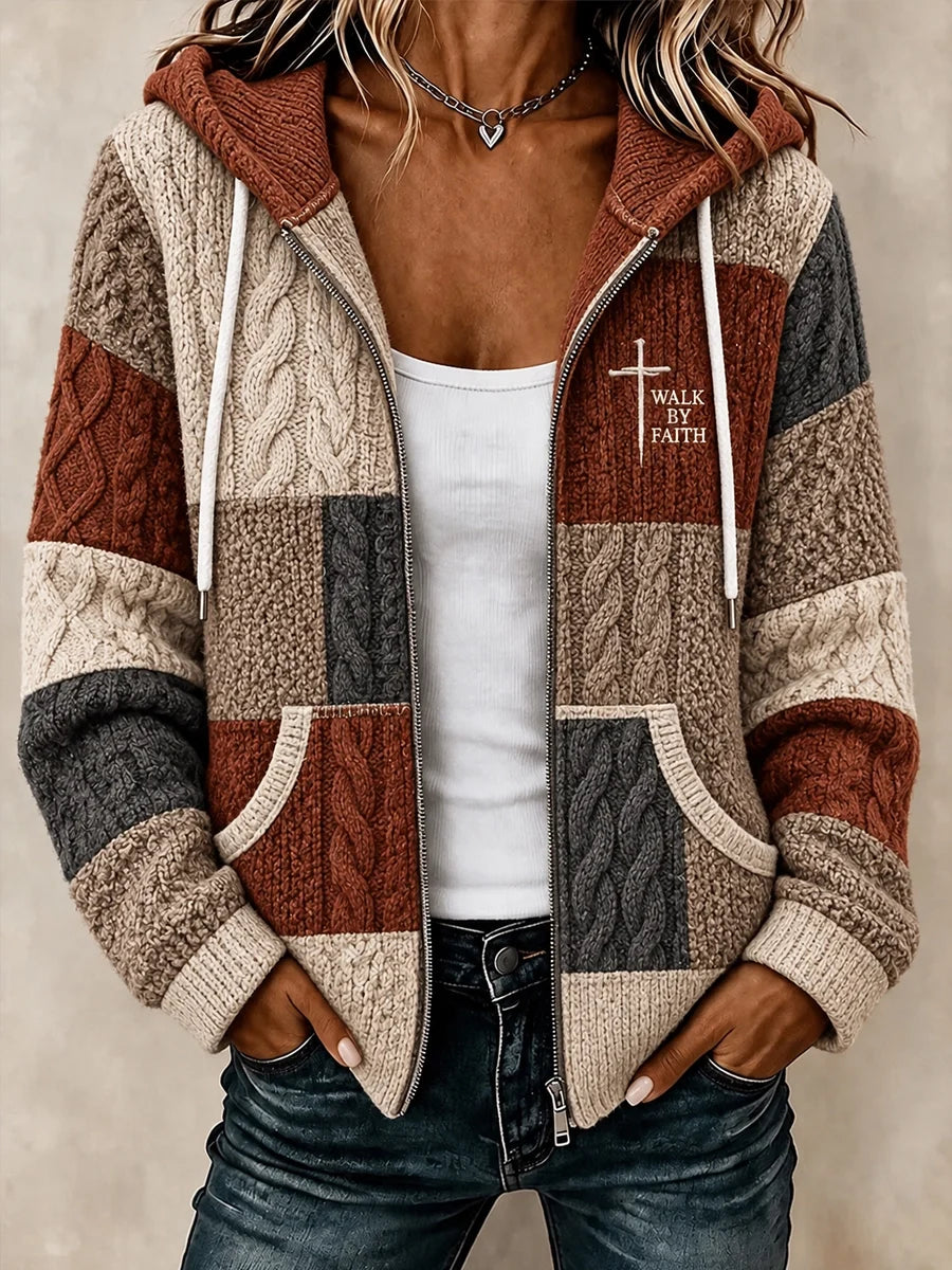 Women's Walk By Faith Cross Faith Cable Pattern Print Casual Zipper Hoodie