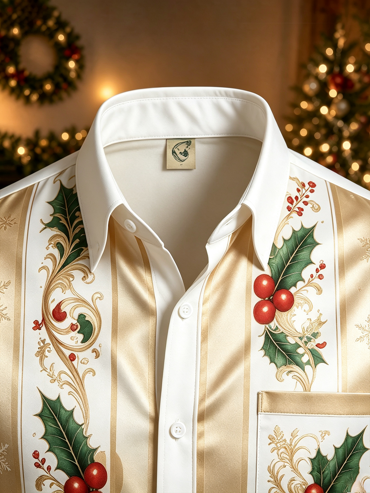 Moisture-Wicking Christmas-Themed Striped Trim and Chest Pocket  Long-Sleeve Casual Shirt