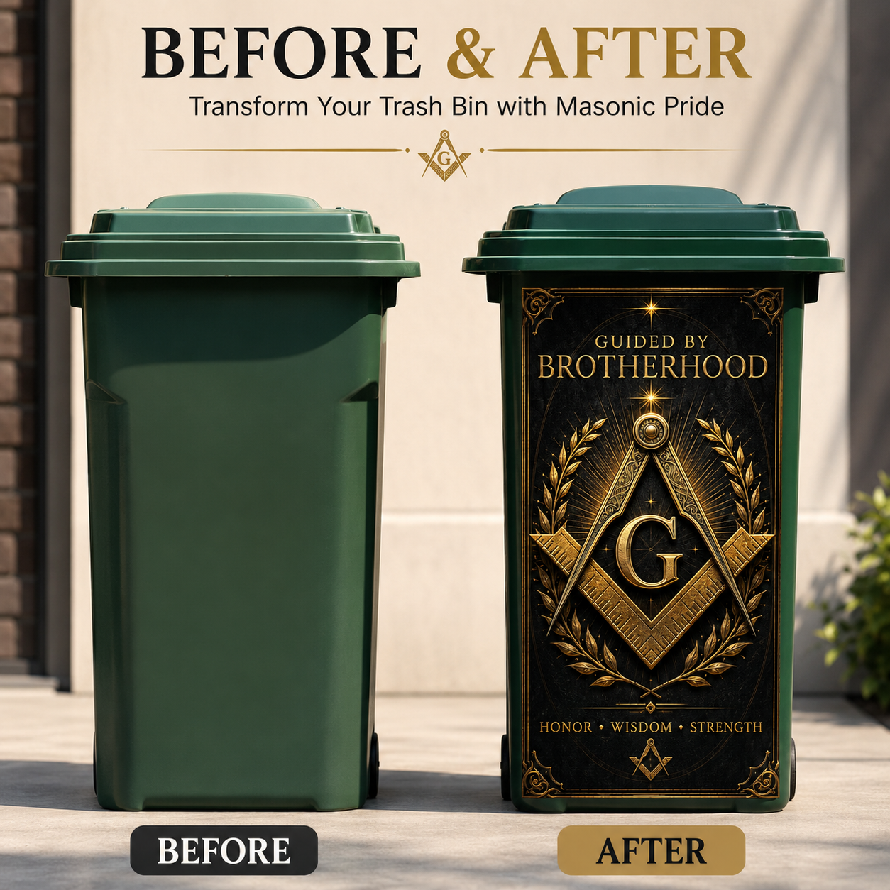 Masonic Trash Bin Decal - Freemason Brotherhood Outdoor Garbage Can Decor