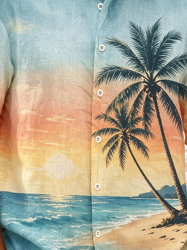 Linen-Texture Tropical Coconut Tree Print Chest Pocket Holiday Hawaiian Shirt