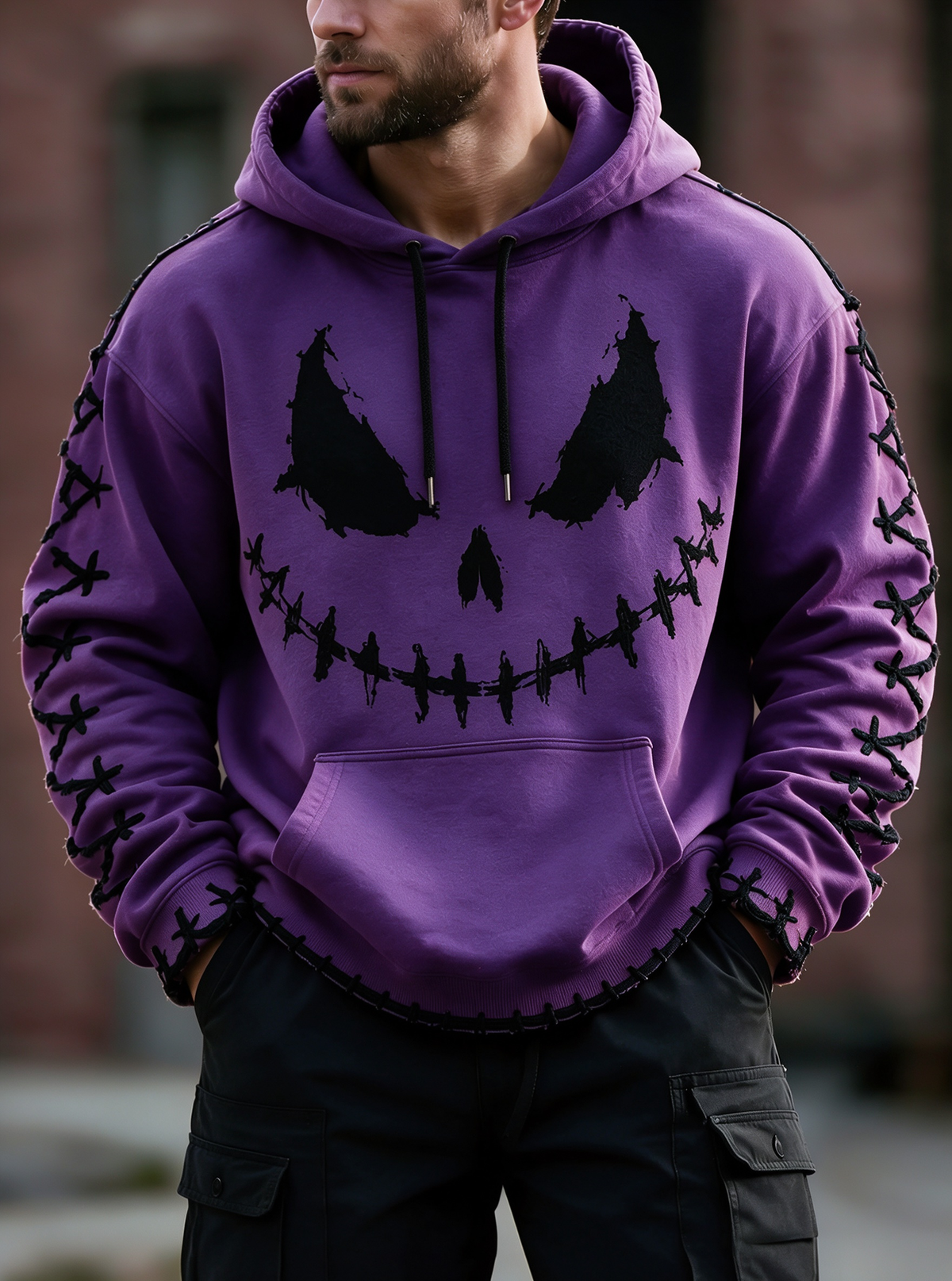Halloween Stitched Pumpkin Face Cross‑Stitch Gothic Kangaroo-Pocket Hoodie Sweatshirt