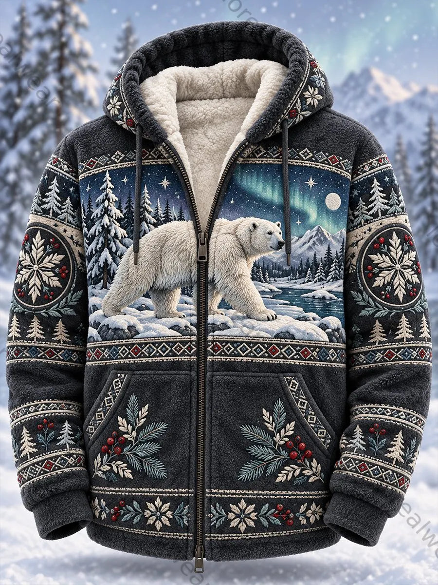 Men's Nordic Forest Animals Fleece-Lined Hooded Jacket
