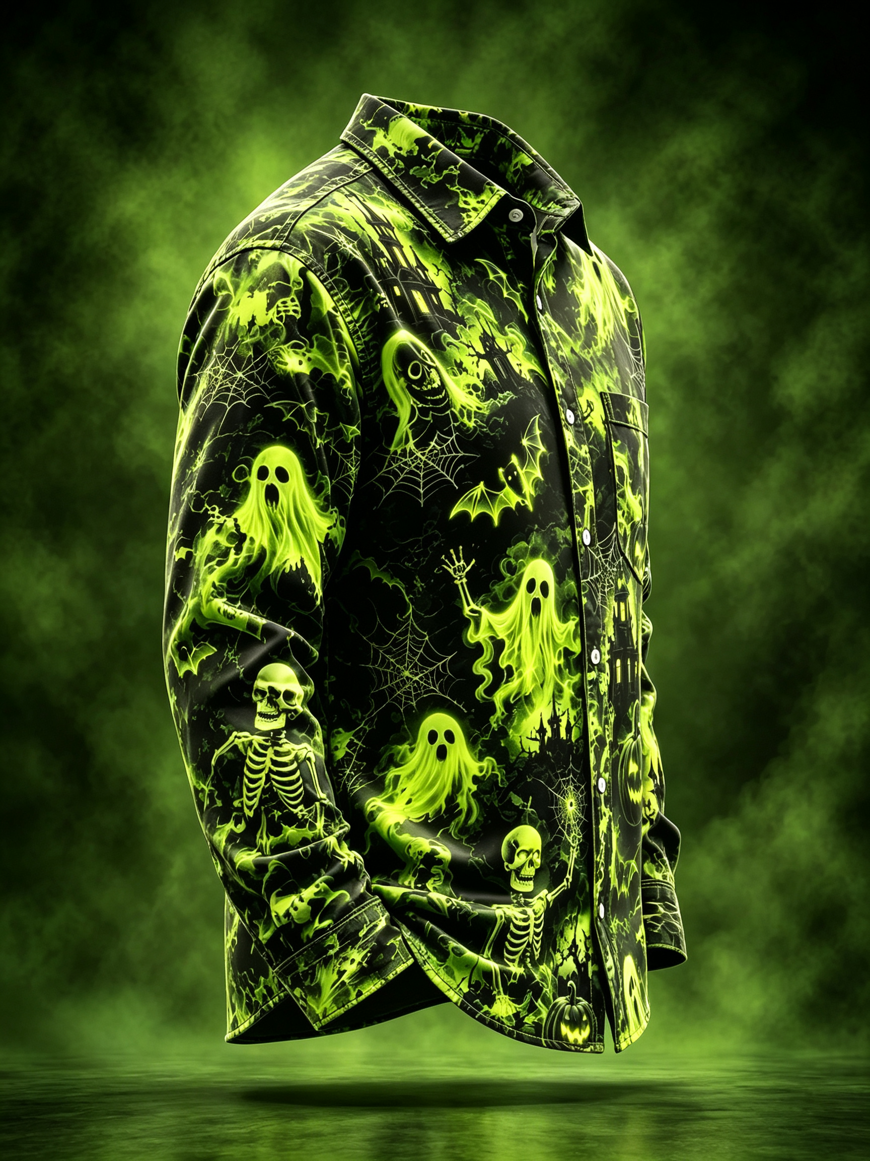 Moisture-Wicking Halloween Castle Pumpkin Ghost Bat Chest Pocket Long-Sleeve Casual Shirt