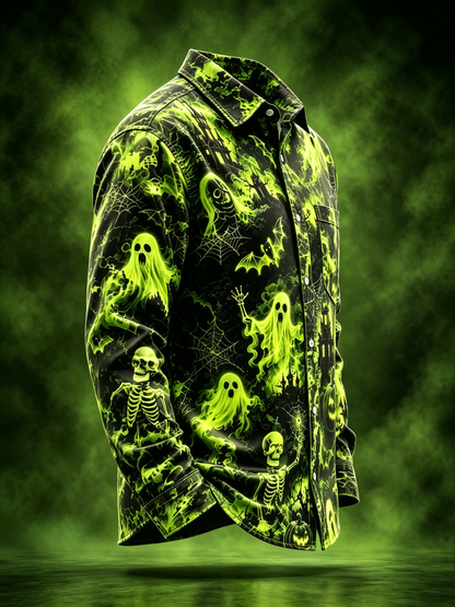 Moisture-Wicking Halloween Castle Pumpkin Ghost Bat Chest Pocket Long-Sleeve Casual Shirt