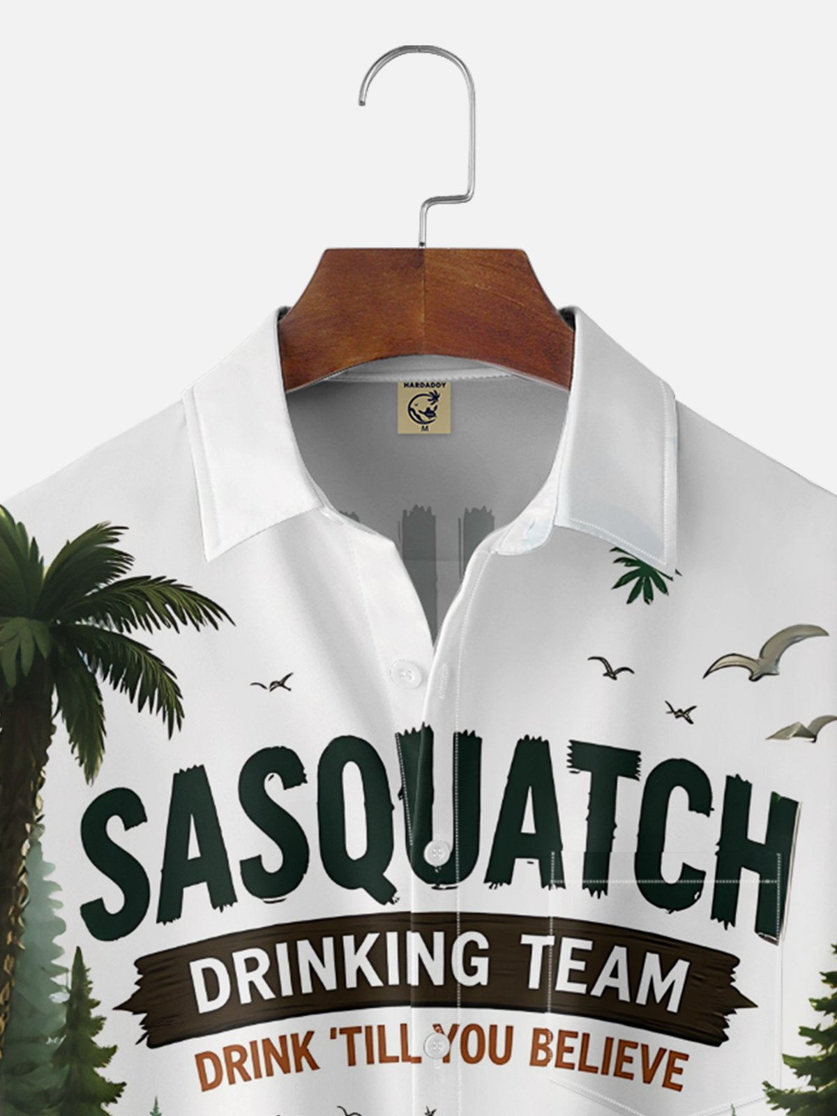 Moisture-Wicking "Camping Bigfoot" Beer Slogan Chest-Pocket Hawaiian Shirt