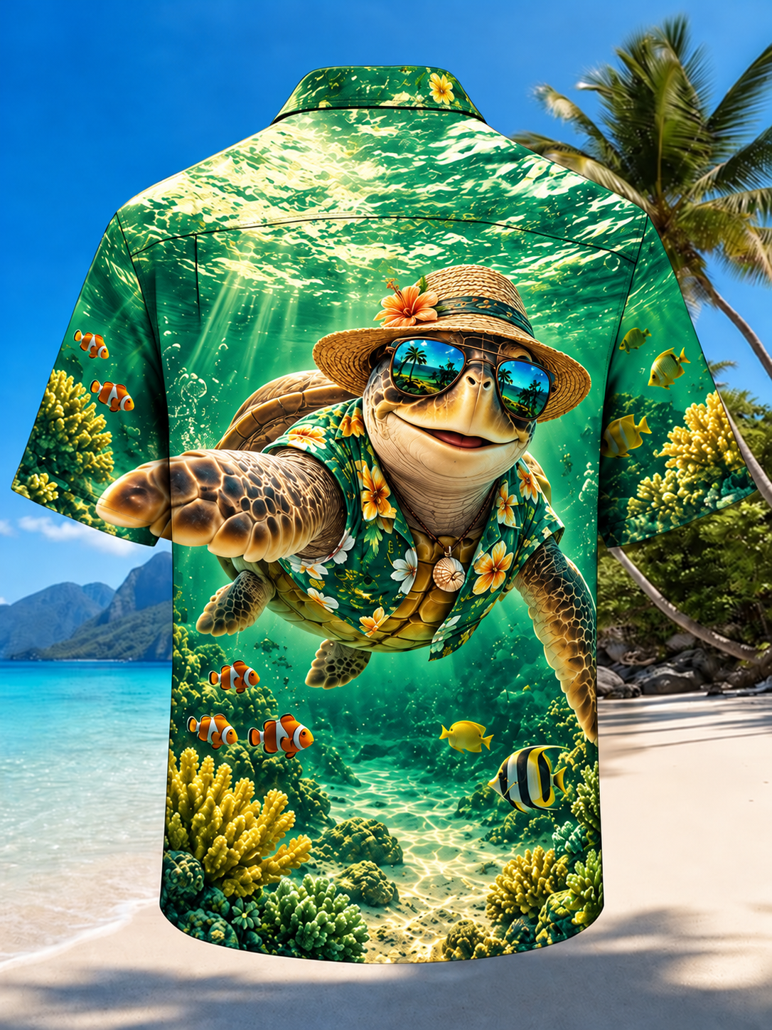 Moisture-Wicking Funny Sea Turtle Straw Hat Sunglasses Underwater Coral Reef Tropical Fish Chest Pocket Hawaiian Shirt