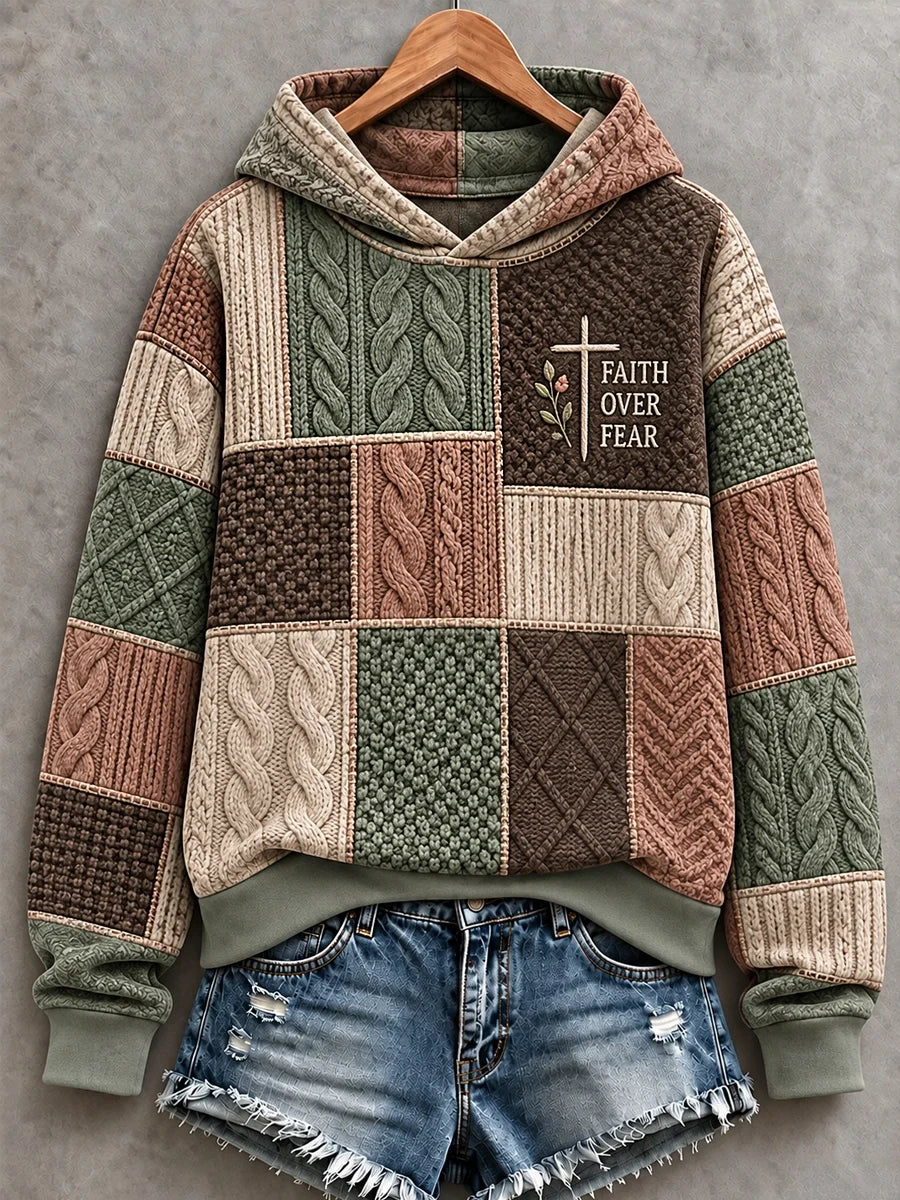 Women's Cross Faith Cable Pattern Print Casual Hoodie