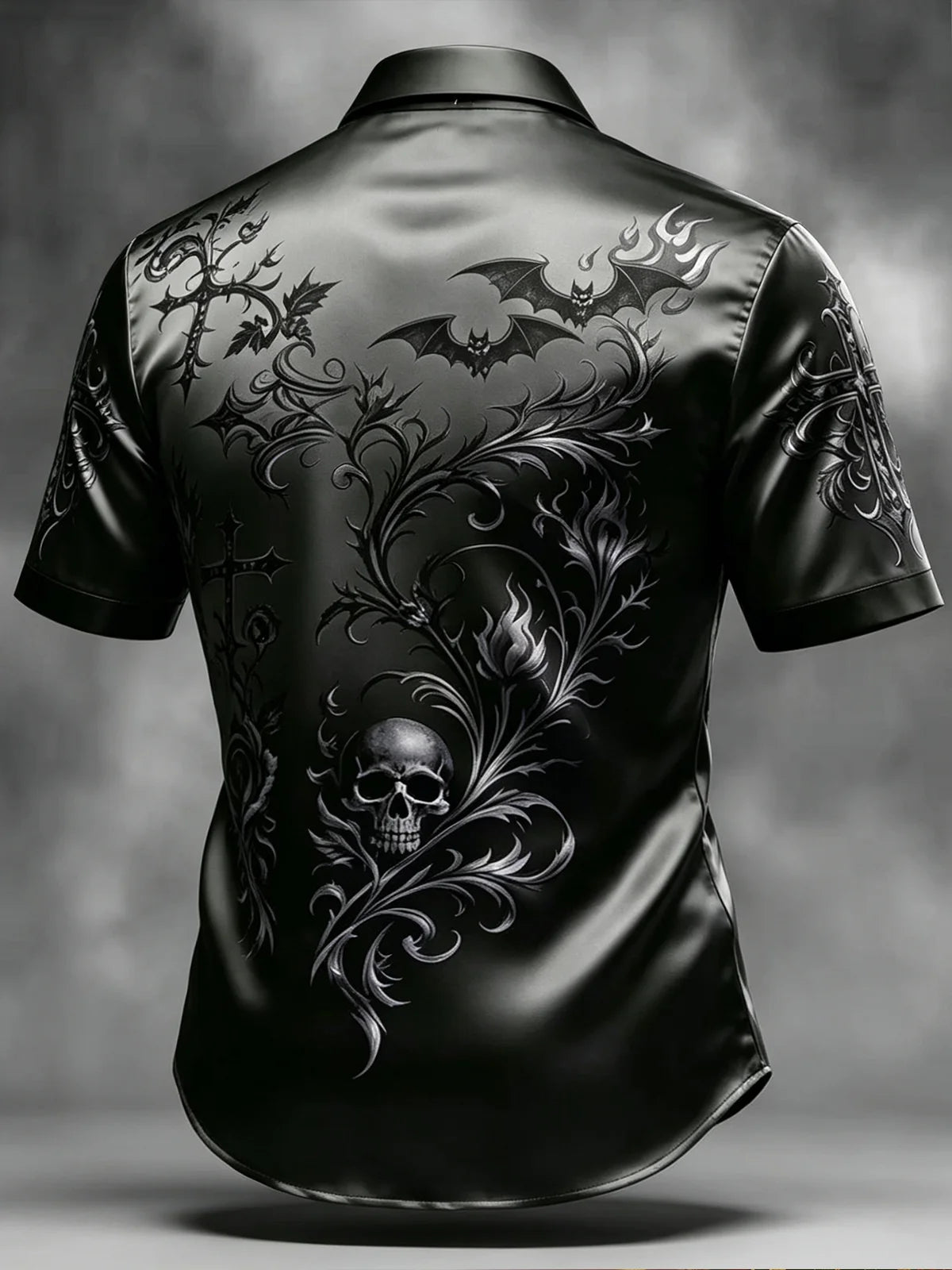 Breathable Silk Satin  Subtle Bat Pattern Halloween Style Casual Shirt