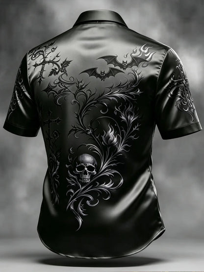 Breathable Silk Satin  Subtle Bat Pattern Halloween Style Casual Shirt