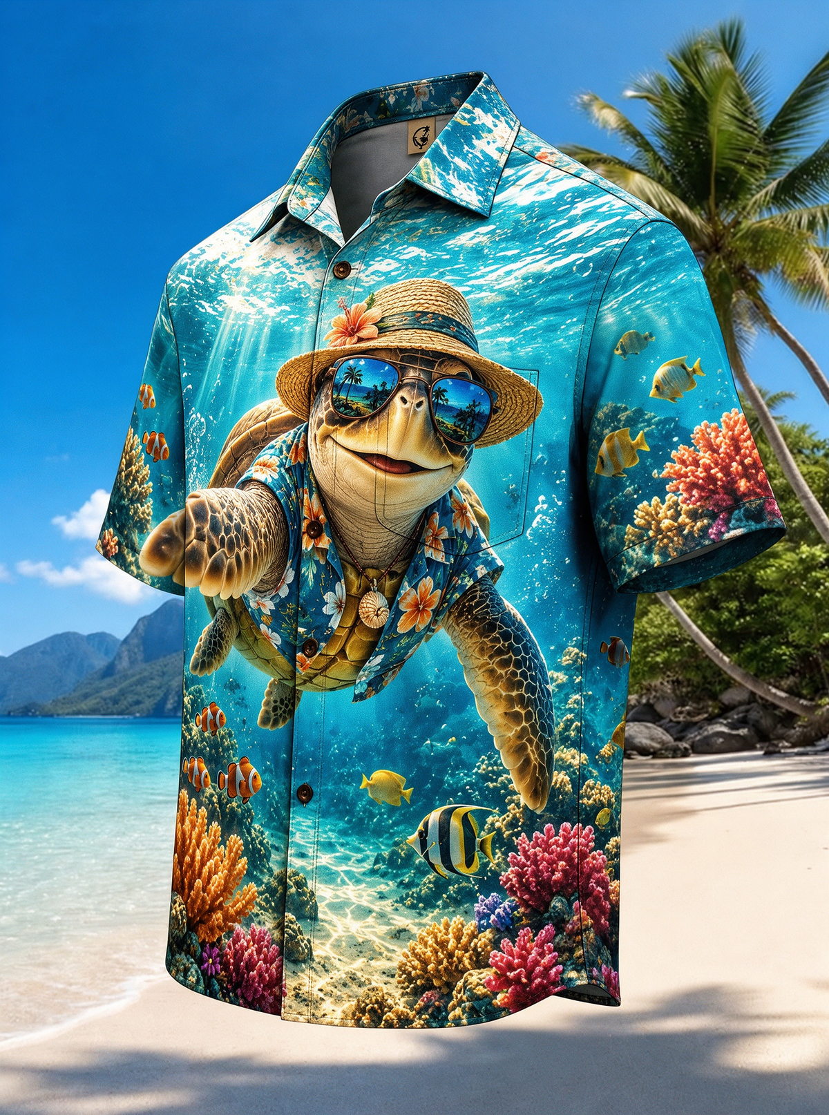 Moisture-Wicking Funny Sea Turtle Straw Hat Sunglasses Underwater Coral Reef Tropical Fish Chest Pocket Hawaiian Shirt