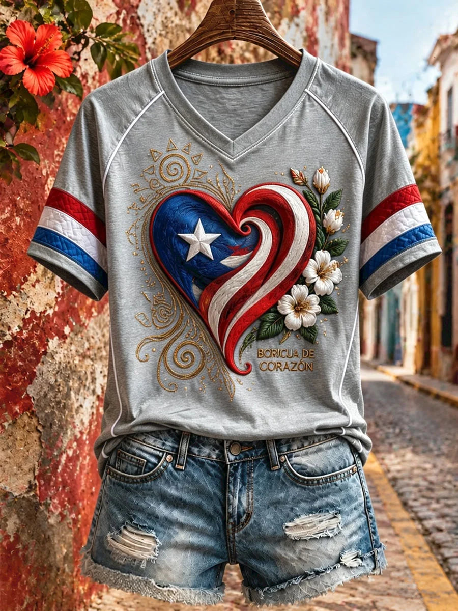 Women's Puerto Rico Floral Boricua Art Printed T-shirt