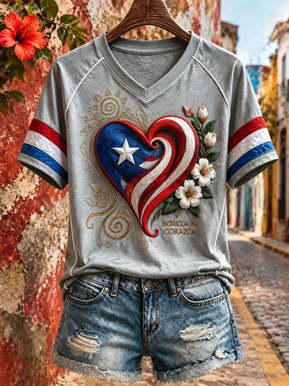 Women's Puerto Rico Floral Boricua Art Printed T-shirt