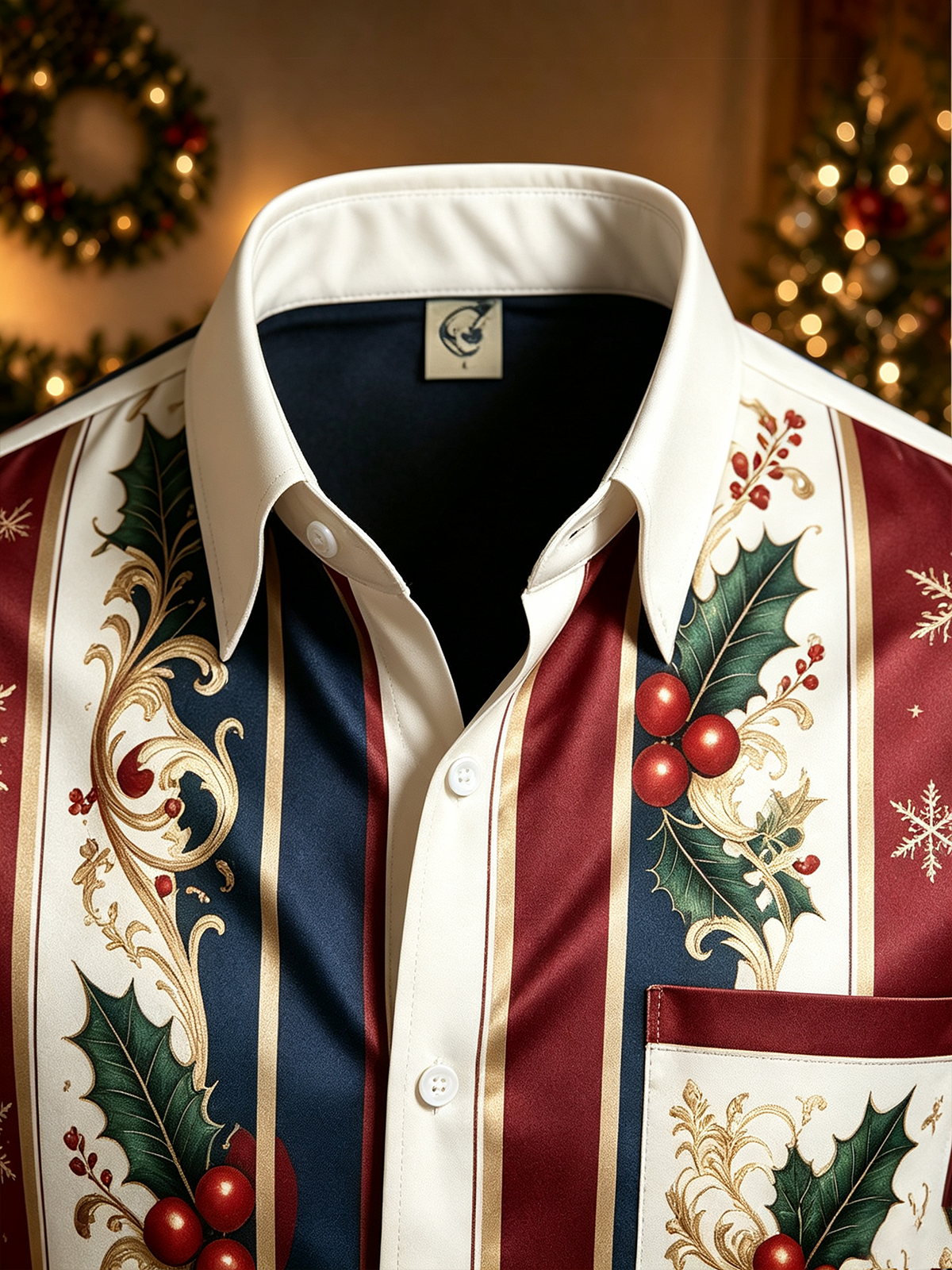 Moisture-Wicking Christmas-Themed Striped Trim and Chest Pocket  Long-Sleeve Casual Shirt