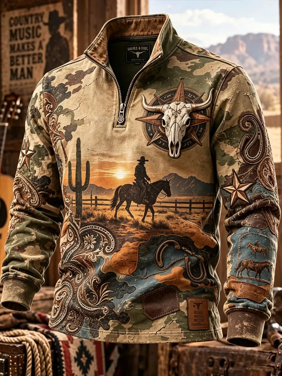Men's Retro Western Cowboy Cactus Paisley Print Quarter Zip Pullover Sweatshirt