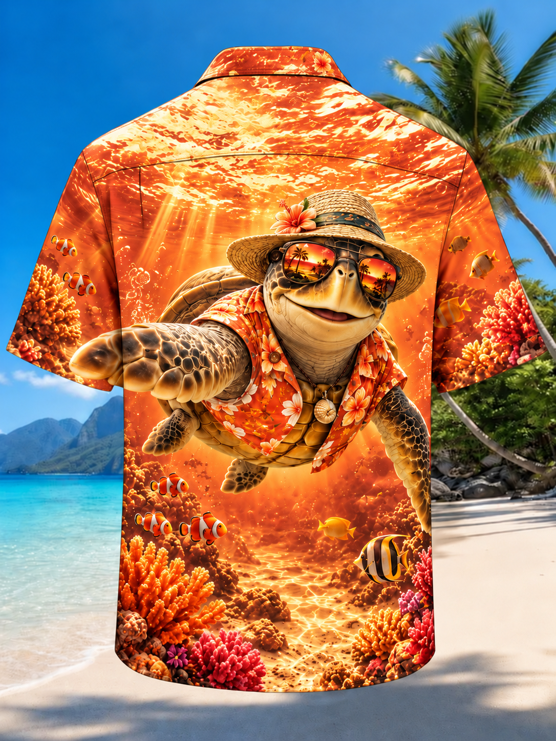 Moisture-Wicking Funny Sea Turtle Straw Hat Sunglasses Underwater Coral Reef Tropical Fish Chest Pocket Hawaiian Shirt