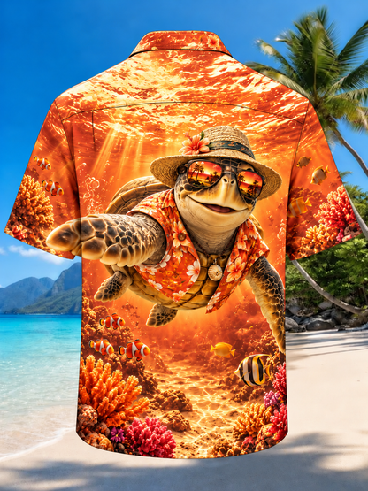 Moisture-Wicking Funny Sea Turtle Straw Hat Sunglasses Underwater Coral Reef Tropical Fish Chest Pocket Hawaiian Shirt