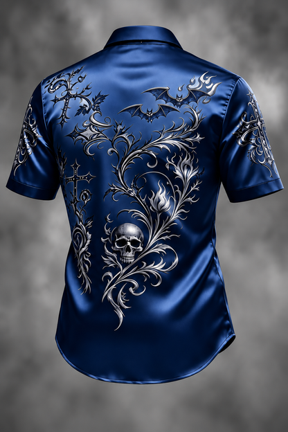 Breathable Silk Satin  Subtle Bat Pattern Halloween Style Casual Shirt