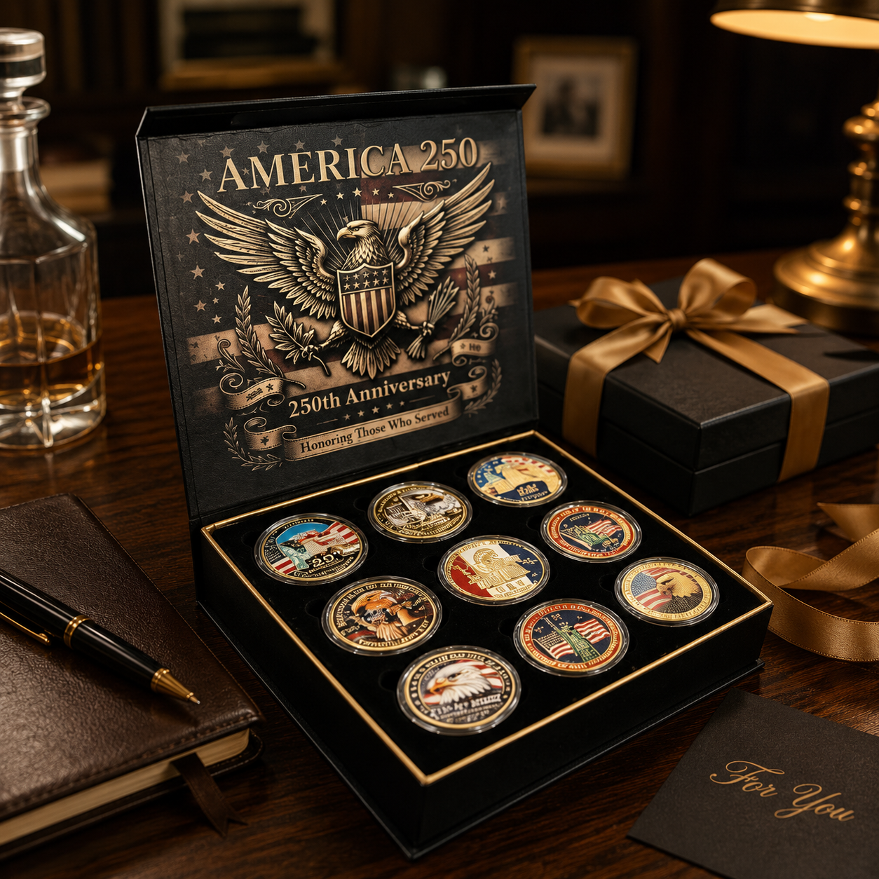America 250 Commemorative Coin Set With Gift Box - 9PCS 250th Anniversary Patriotic Collectible Coins