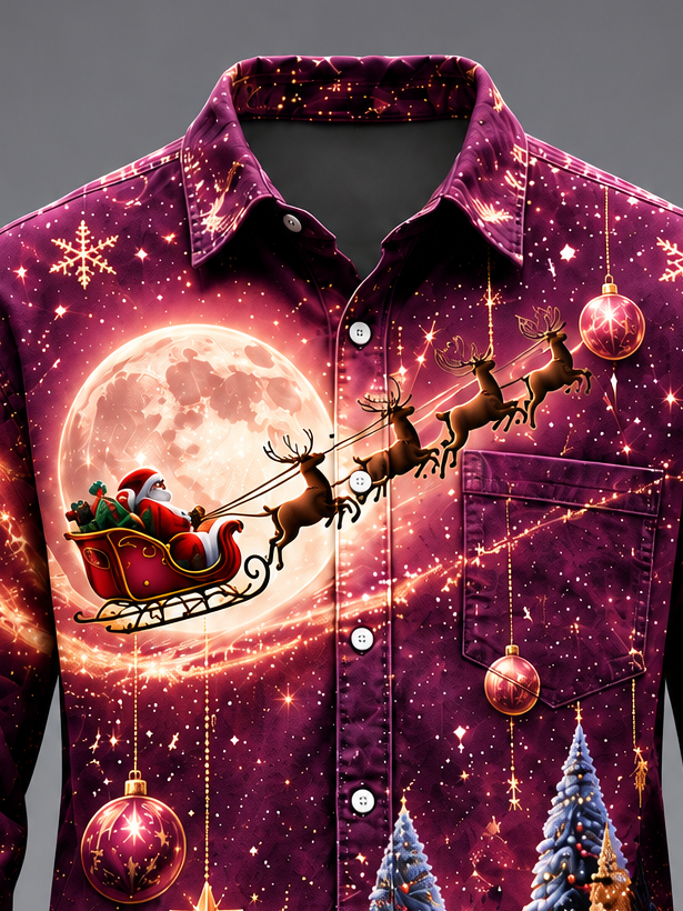 Moisture-Wicking  Christmas Santa Reindeer Tree  Chest Pocket Long-Sleeve Casual Shirt