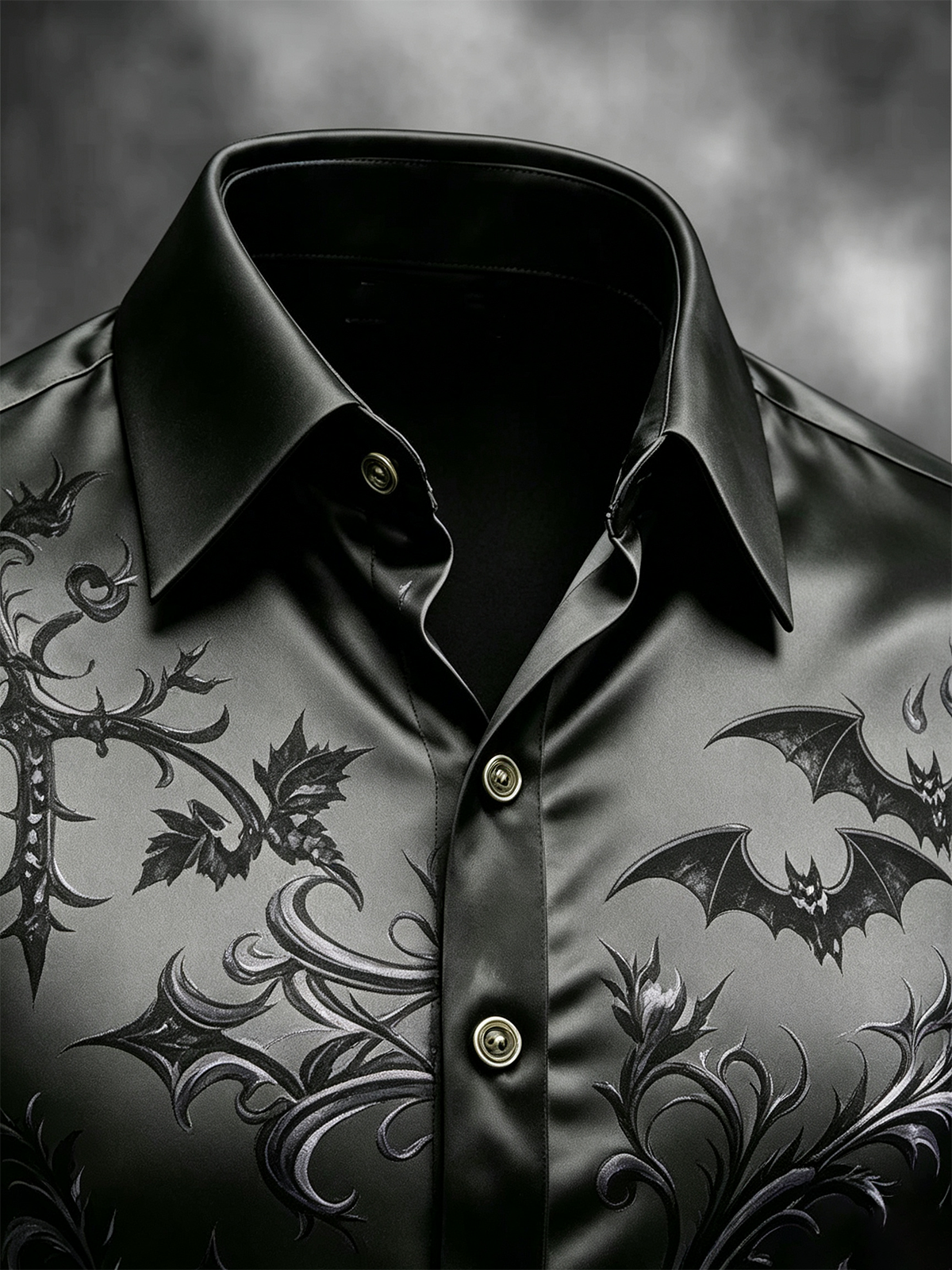 Breathable Silk Satin  Subtle Bat Pattern Halloween Style Casual Shirt