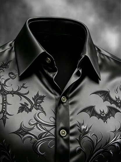 Breathable Silk Satin  Subtle Bat Pattern Halloween Style Casual Shirt