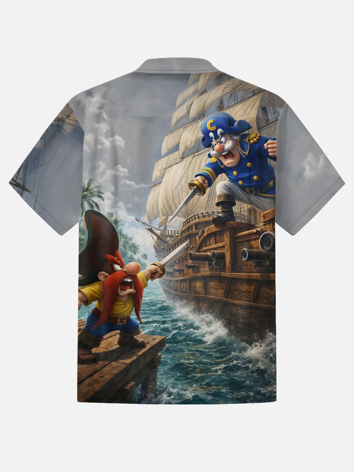 Moisture-Wicking Gradient-Color Dueling Pirates & Sailboats Design  Chest Pocket Hawaiian Shirt