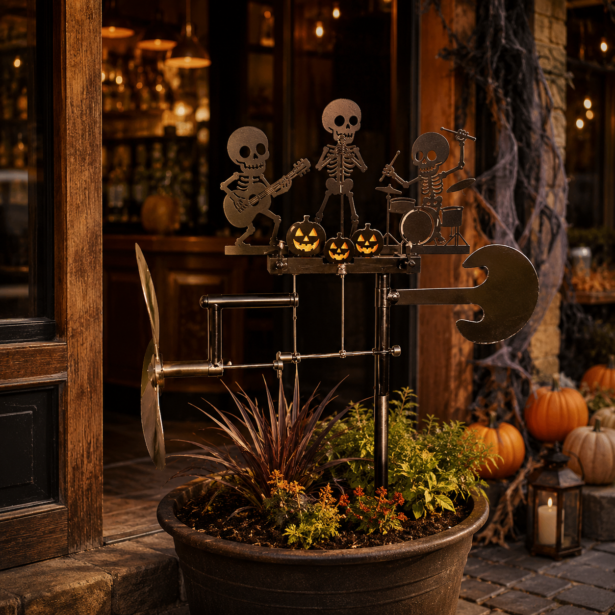 Halloween Skeleton Band Kinetic Wind Spinner - Metal Outdoor Garden Stake Decoration