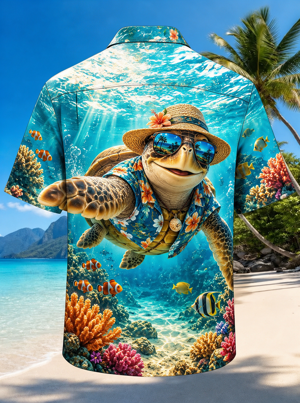 Moisture-Wicking Funny Sea Turtle Straw Hat Sunglasses Underwater Coral Reef Tropical Fish Chest Pocket Hawaiian Shirt