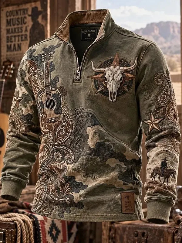 Men's Retro Western Bull Skull & Guitar Graphic Print Quarter Zip Pullover Sweatshirt