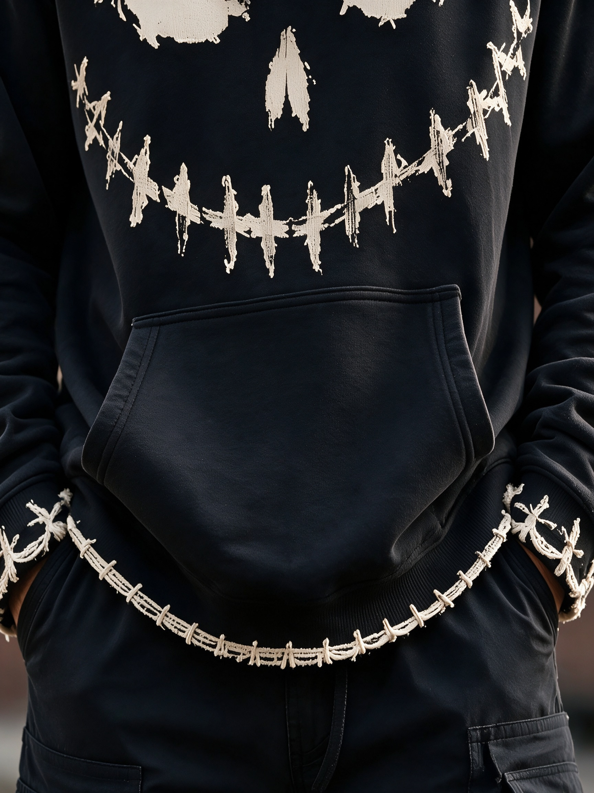 Halloween Stitched Pumpkin Face Cross‑Stitch Gothic Kangaroo-Pocket Hoodie Sweatshirt