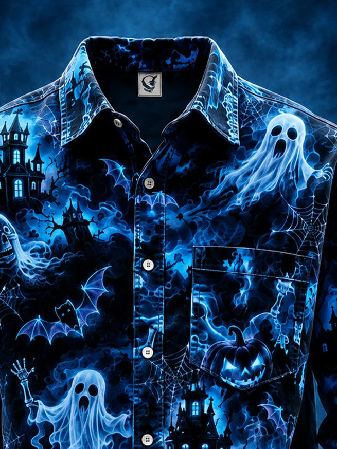 Moisture-Wicking Halloween Castle Pumpkin Ghost Bat Chest Pocket Long-Sleeve Casual Shirt