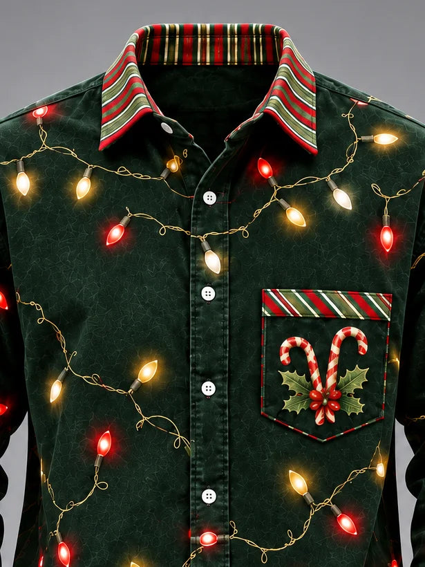 Moisture-Wicking Christmas Lights & Candy Cane Chest Pocket  Long-Sleeve Casual Shirt
