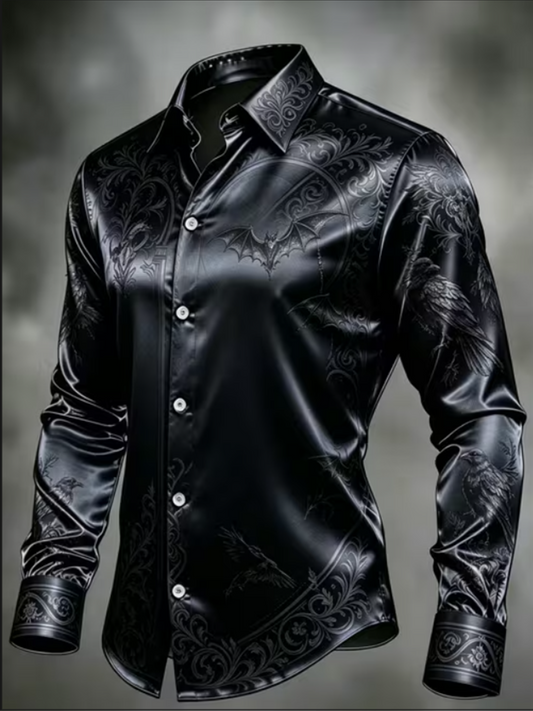 Breathable Silk Satin Long-Sleeve Dark Raven Bat Botanical Floral Print Casual Shirt