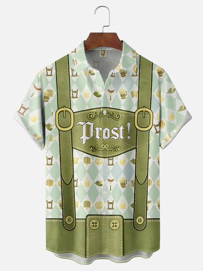 Moisture-Wicking Gradient Oktoberfest Bartender Beer & Pretzel Print  Chest Pocket Hawaiian Shirt