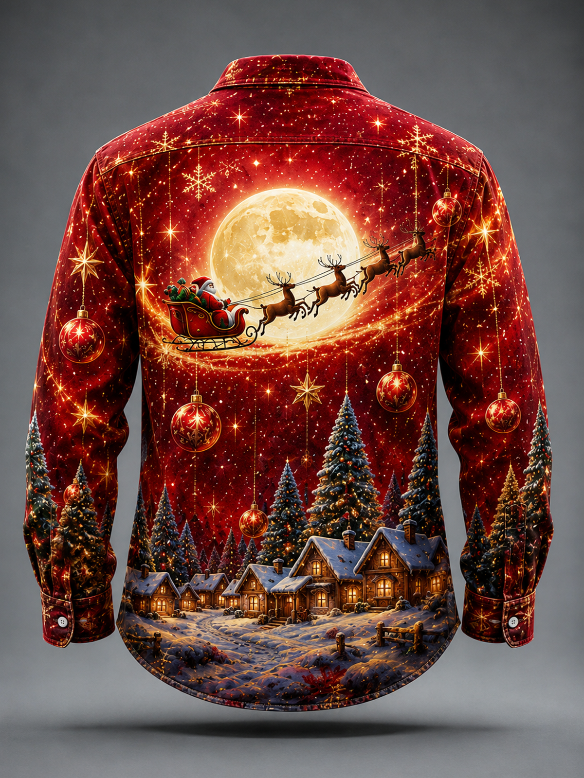 Moisture-Wicking  Christmas Santa Reindeer Tree  Chest Pocket Long-Sleeve Casual Shirt